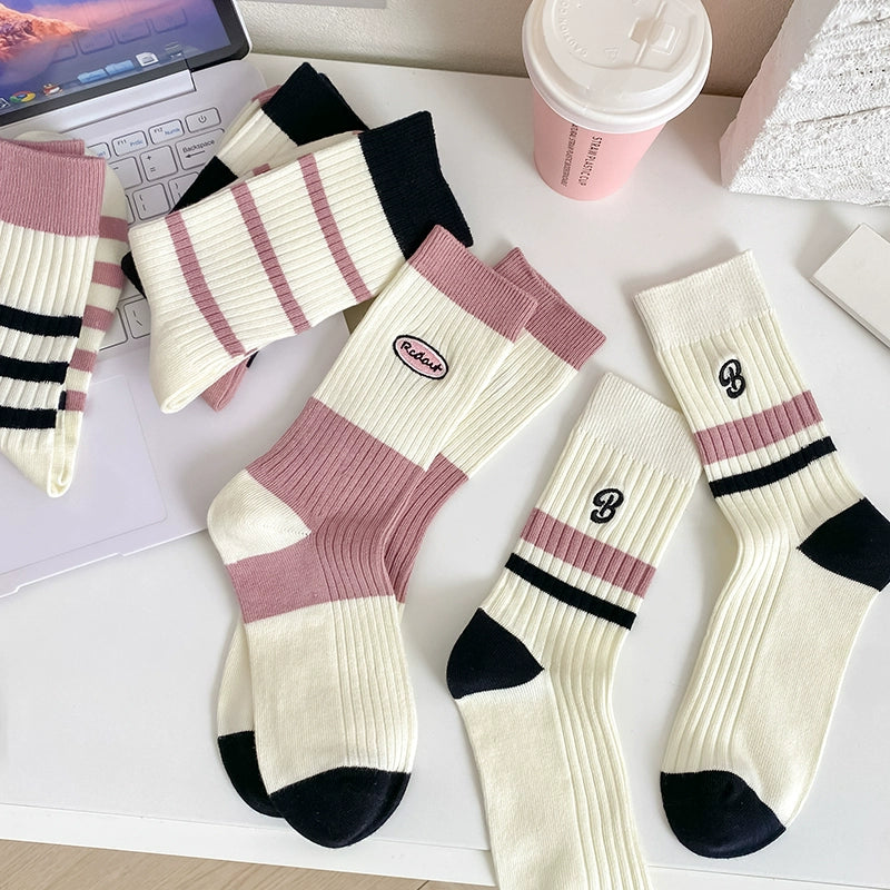 [5 Pairs] Pure Cotton Double Needle Simple All-Match Girl Tube Socks