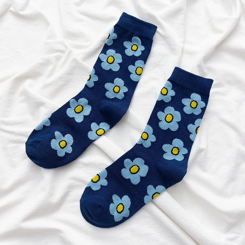 2 Pairs of South Korea Chic Elegant Small Flower Female Japanese Style Mid-Calf Length Socks Retro Trendy Socks Internet Hot Fashionable Pile Sty