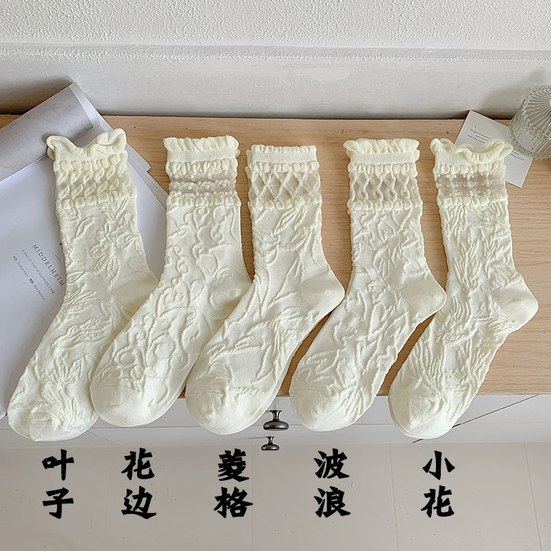 [5 Pairs] Spring and Summer Thin Breathable Girl JK Style Three-Dimensional Relief Small White