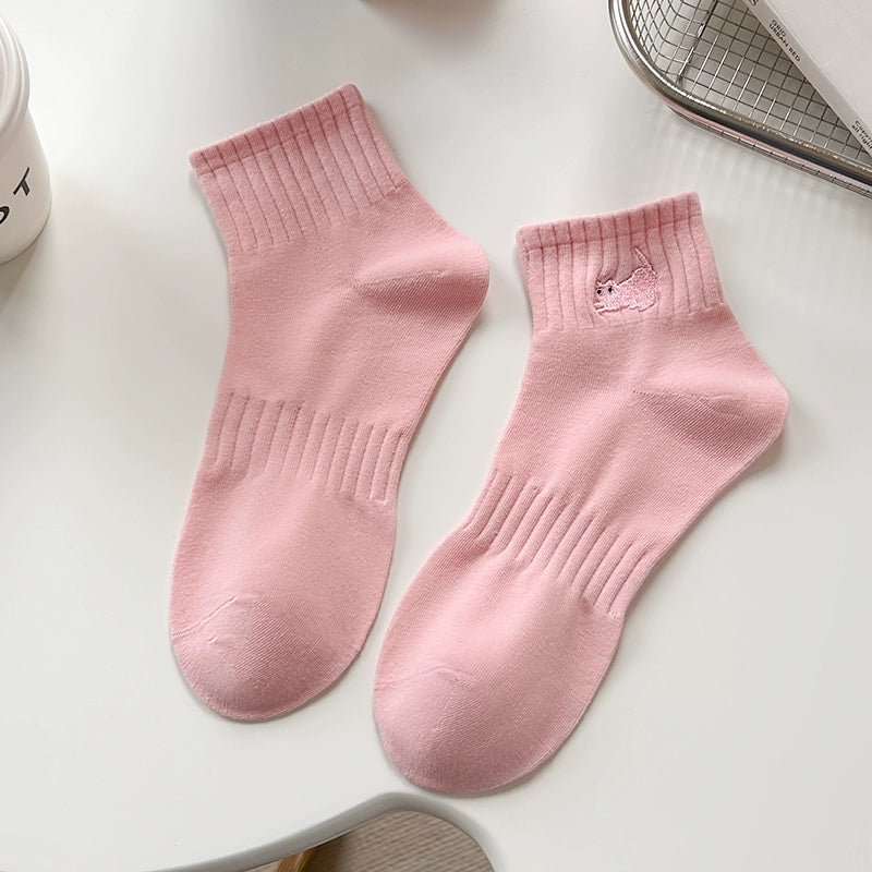 [5 Pairs] Pink Embroidered Cat Purified Cotton Short Tube Spring and Summer New Match Is Very Fresh and Natural