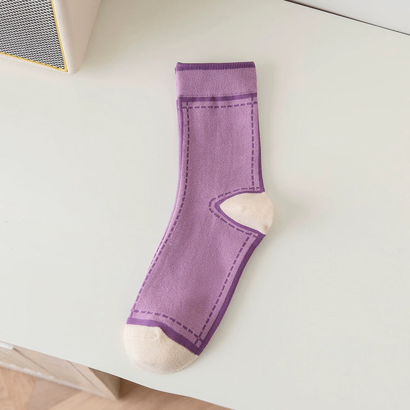 [5 Pairs] Pure Cotton Spring and Summer Color Virtual Pocket Picture Women's Thin Socks Looks Very Fashionable