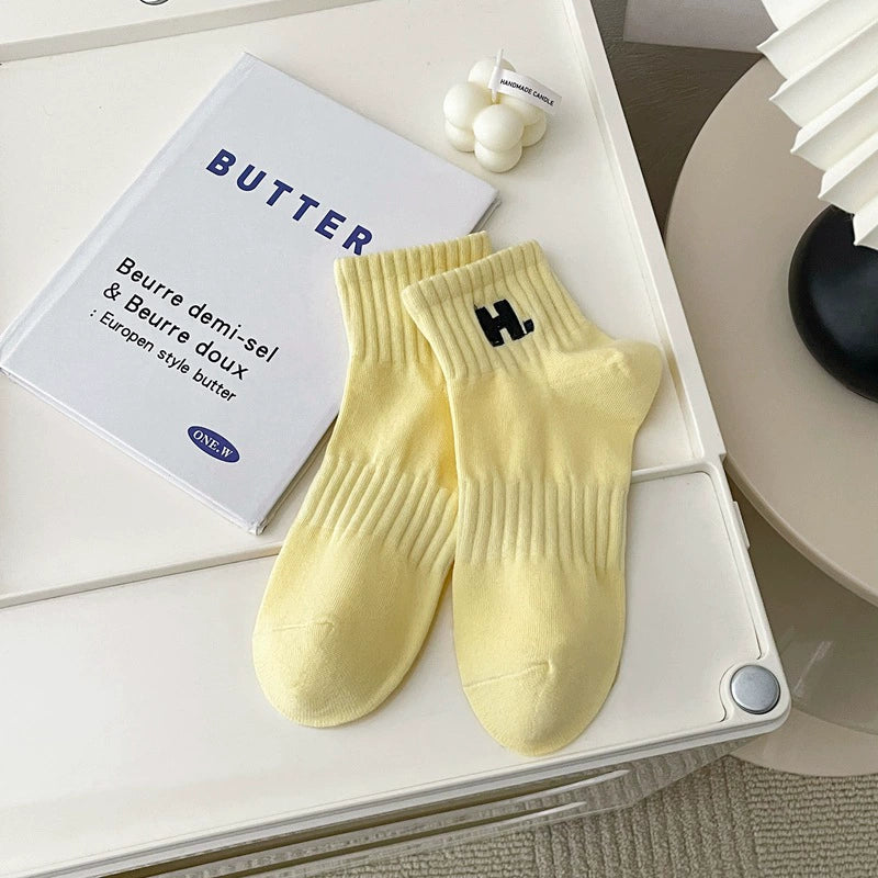 [2 Pairs] Embroidery H. Sports Shallow Mouth Short and Mid-Calf Length Women's Socks All-Match Beautiful Candy Color