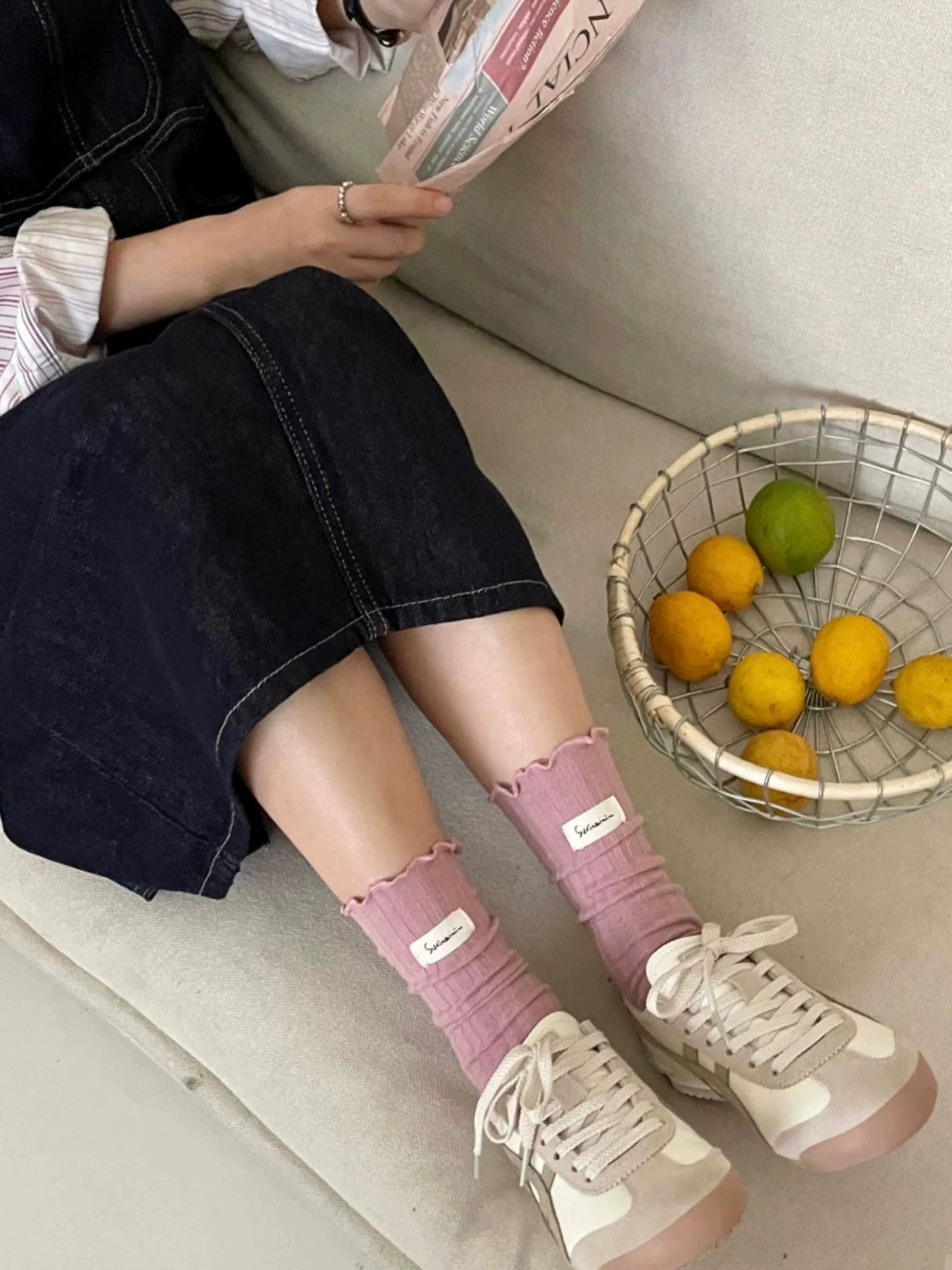 [2 Pairs] Spring and Summer Thin Wooden Ear Double Needle Pile Style Wear Cotton Trendy Mid-Calf