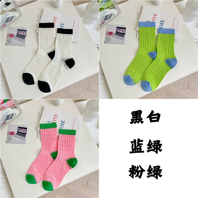[3 Pairs] Dopamine Summer Thin Hollow Diamond Contrast Color Female Mid-Calf Length and Breathable Mesh Comfortable Pure Cotton