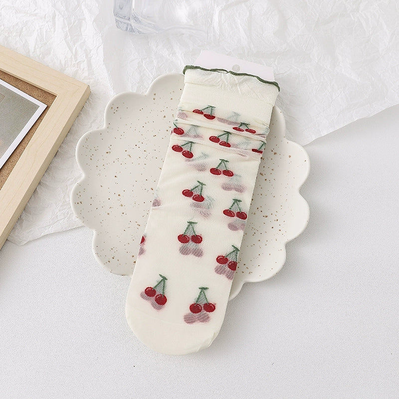 [3 Pairs] Lolita Style Summer Ultra-Thin Silk Fruit Dark Flower White Wear Lace Design