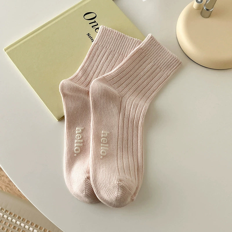 [5 Pairs] Spring and Summer Thick Thread Hot Stamping Macaron Fresh South Korea Cream Color Female Middle Tube Socks