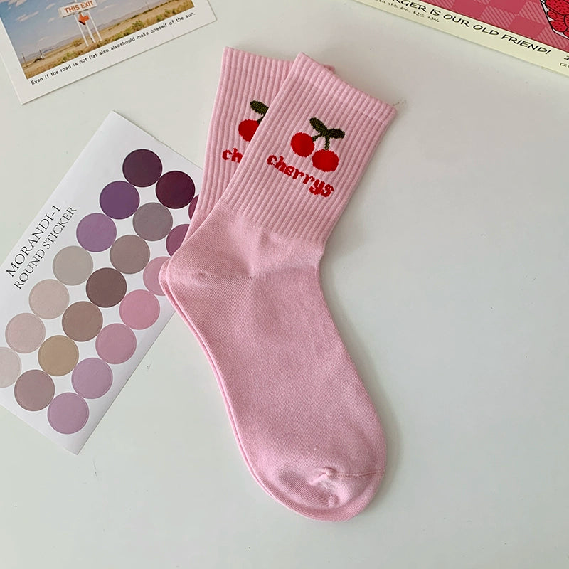 [5 Pairs] Fashion Sports Style Cherry Flower Spring Summer Mid-Calf Length Socks