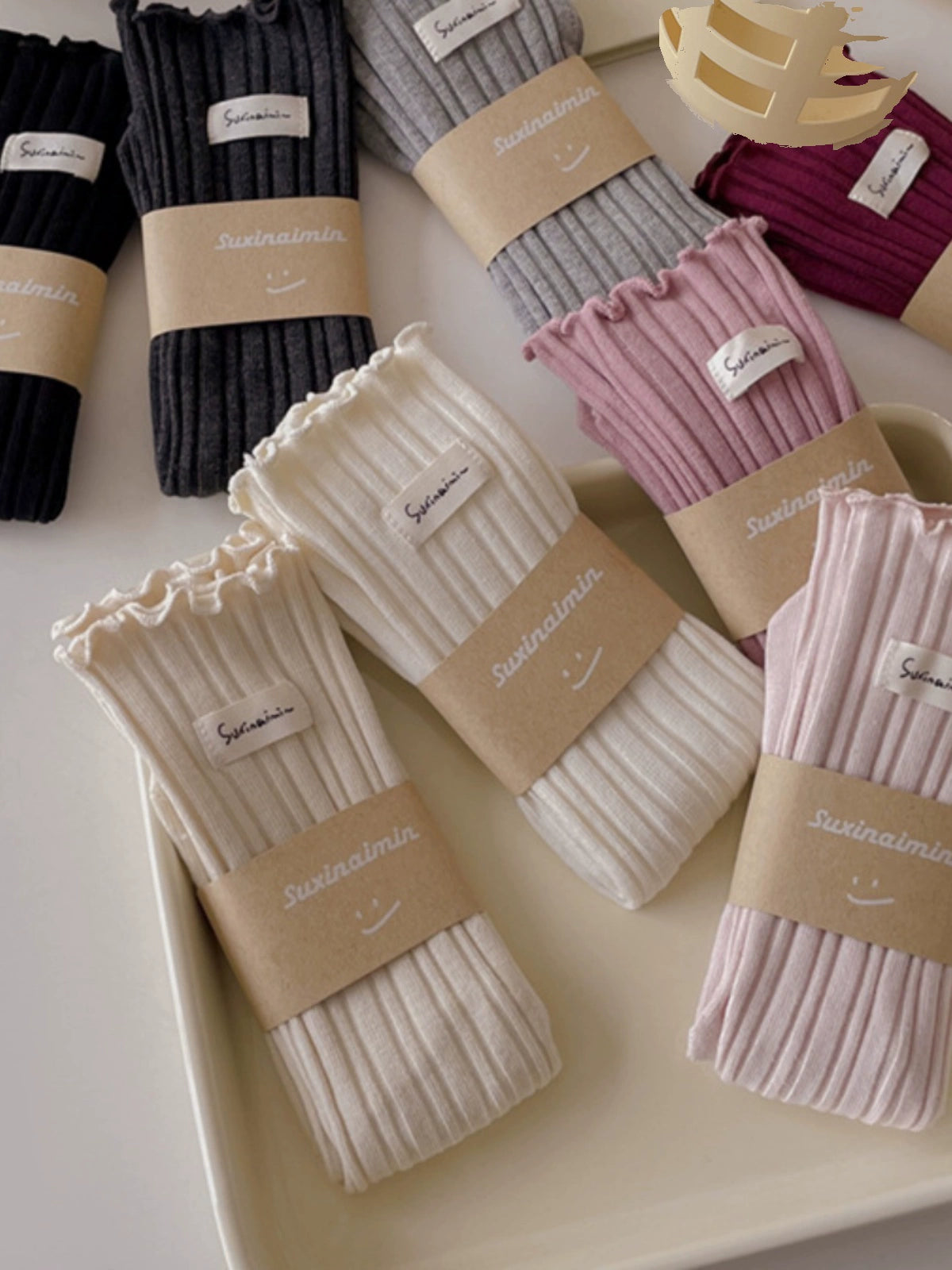 [2 Pairs] Spring and Summer Thin Wooden Ear Double Needle Pile Style Wear Cotton Trendy Mid-Calf