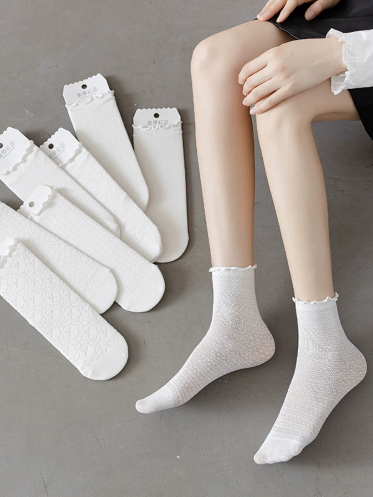 [3 Pairs] Spring and Summer Thin Breathable Lace JK Pure Cotton Material White Matching Skirt Mary Jane Shoes