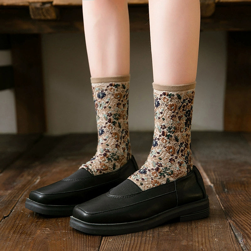 [2 Pairs] Gold Rose Totem Flower Mid-Calf Spring and Summer Match Small Leather Shoes Beautiful