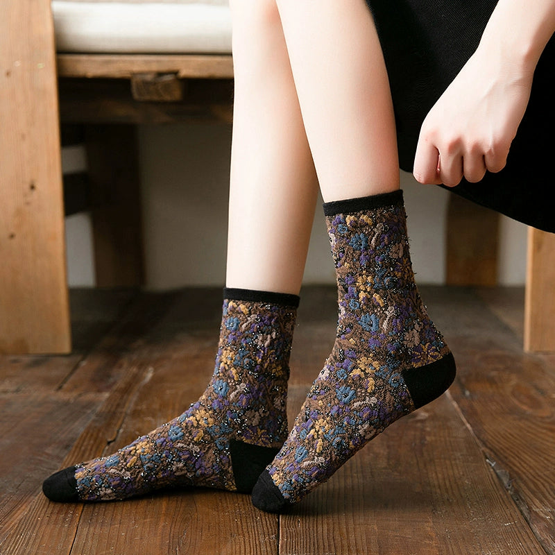 [2 Pairs] Gold Rose Totem Flower Mid-Calf Spring and Summer Match Small Leather Shoes Beautiful