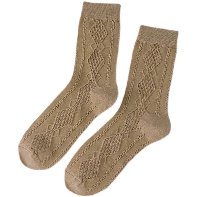 [2 Pairs] Spring and Summer Twist Thin Pure Cotton 3D Rhombus Stripe Socks