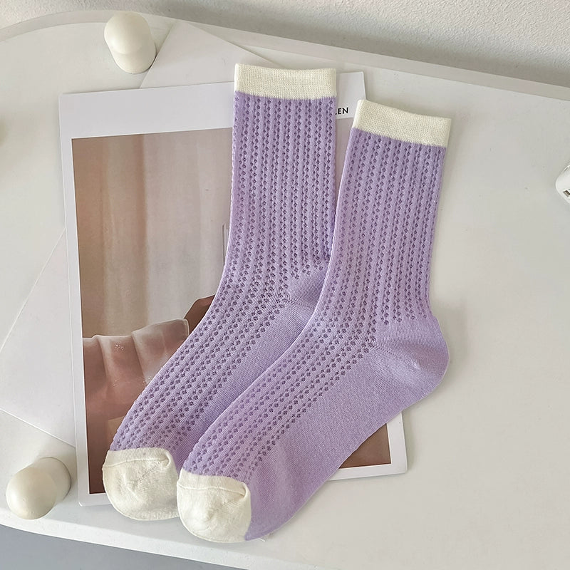 [7 Pairs] Spring and Summer Thin Breathable Hollow Decorative Pure Cotton Mid-Calf with Small White Shoelaces