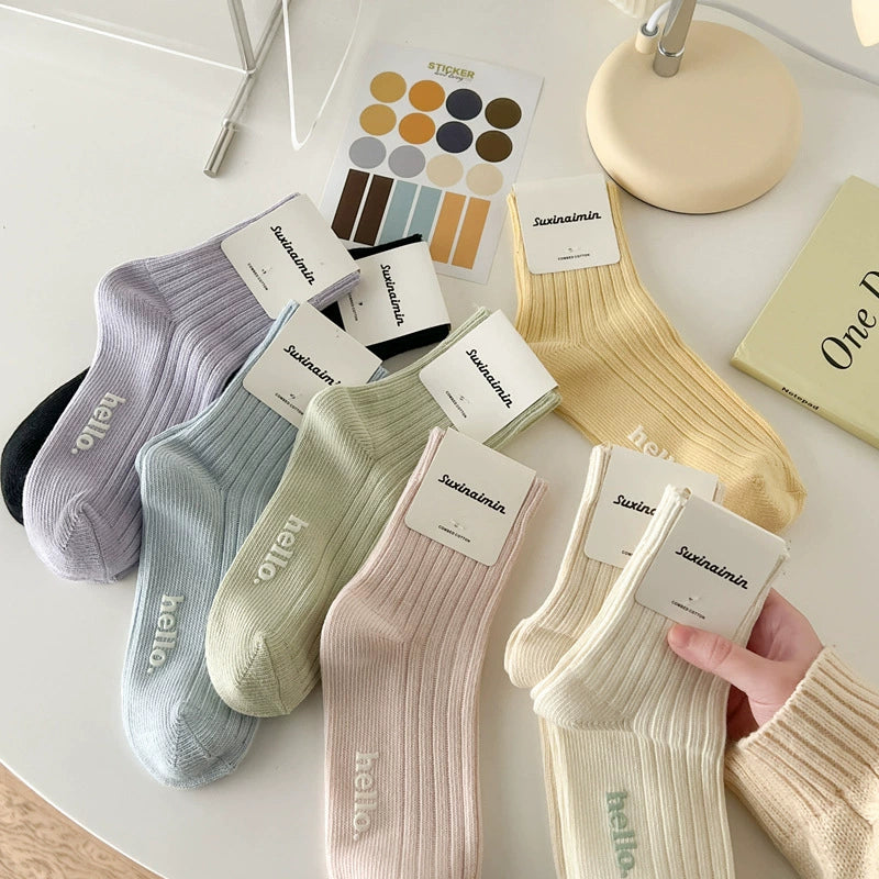[5 Pairs] Spring and Summer Thick Thread Hot Stamping Macaron Fresh South Korea Cream Color Female Middle Tube Socks