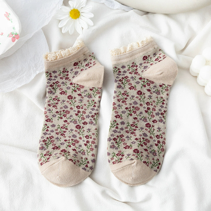 [2 Pairs] Pure Cotton Floral Lace Ethnic Style Versatile Short Spring and Summer Thin