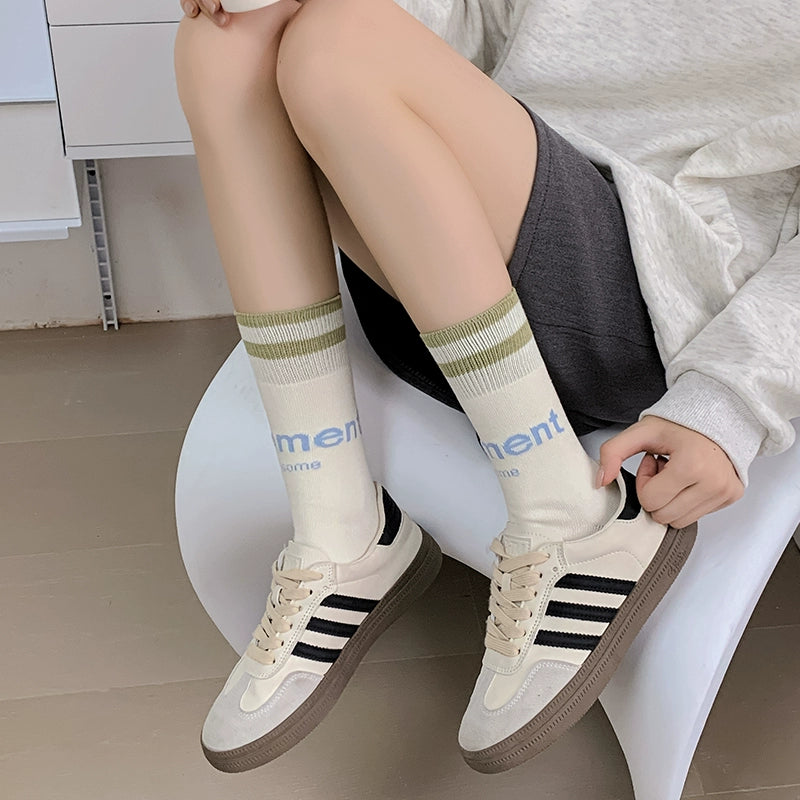 [6 Pairs] Spring and Summer Fashion Letters College Style Simple Pure Cotton Mid-Calf