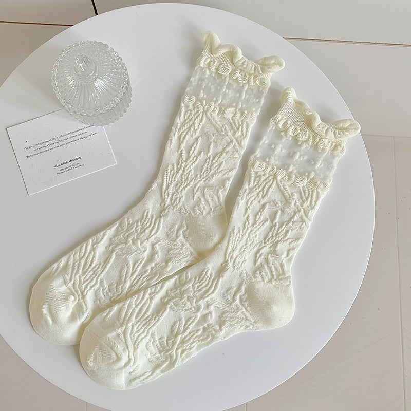 [5 Pairs] Spring and Summer Thin Breathable Girl JK Style Three-Dimensional Relief Small White