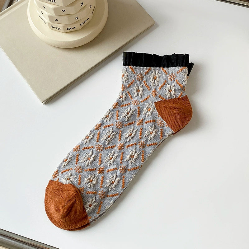 [5 Colors] Dashang Dashed Rhombus Lace Women's Short Spring and Summer Fashion Socks