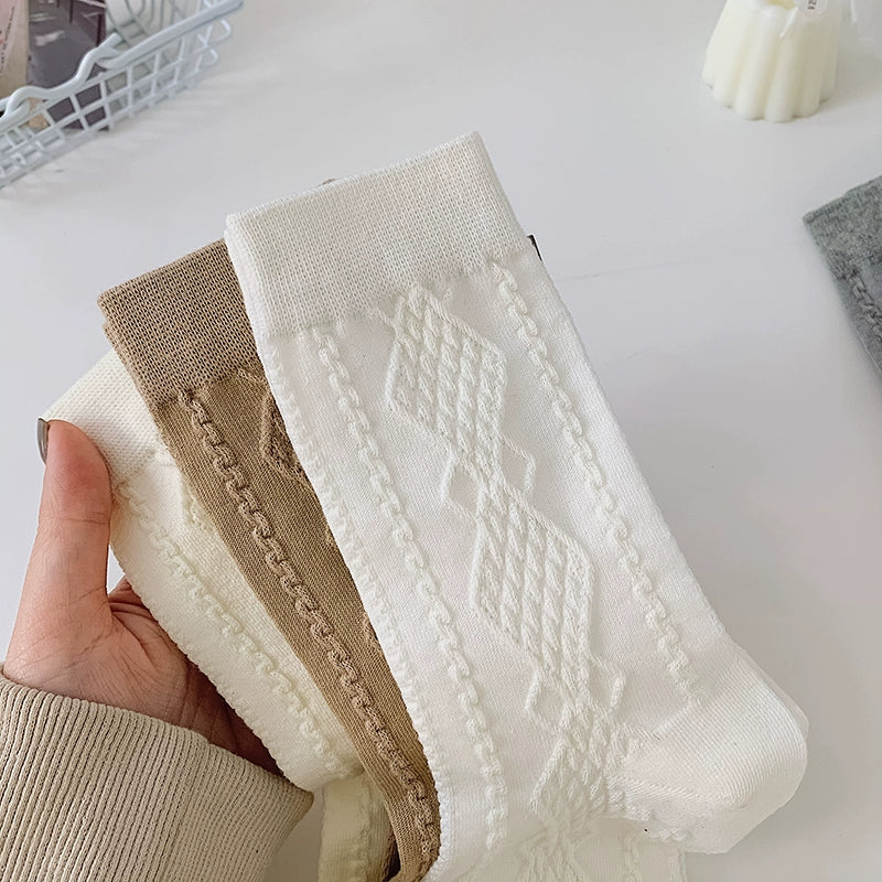 [2 Pairs] Spring and Summer Twist Thin Pure Cotton 3D Rhombus Stripe Socks