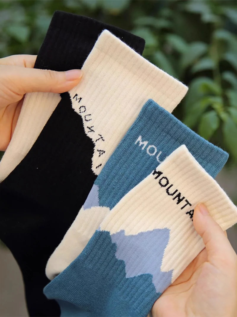 [4 Pairs] Spring Summer Pure Cotton Boneless Sewing Head Men's and Women's Sports Lovers' Socks Snow Mountain Wind Left and Right Feet AB Socks