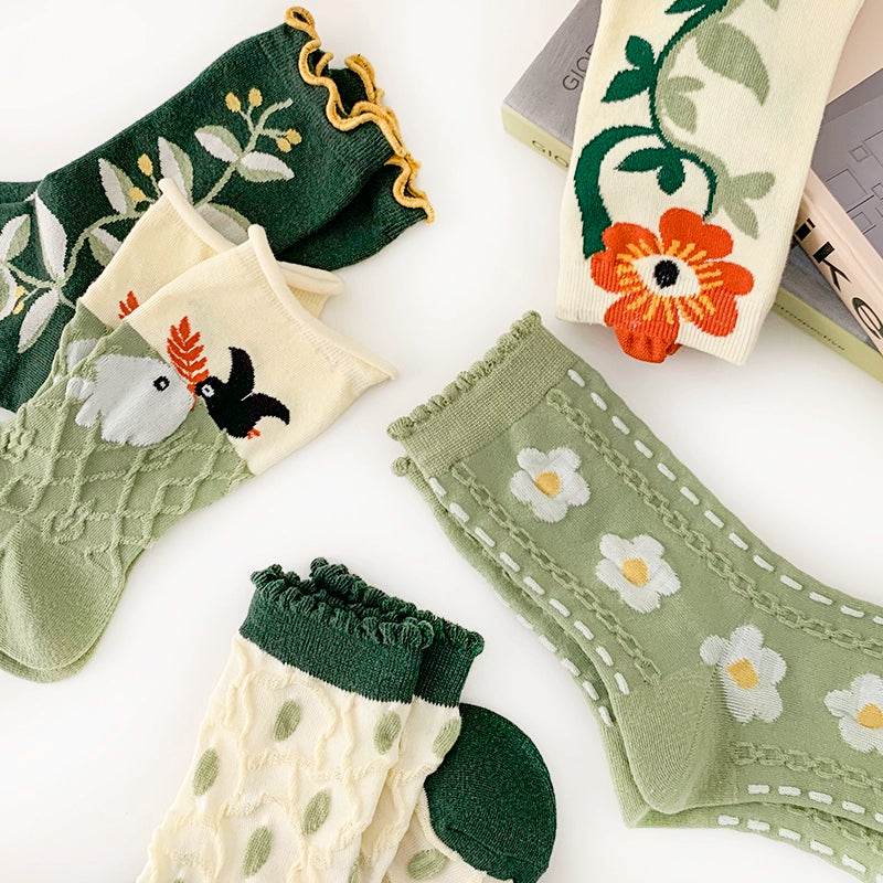 [2 Pairs] Spring-Summer New Type Cotton Women's Mid-Calf Plant Mori Style Women's Socks