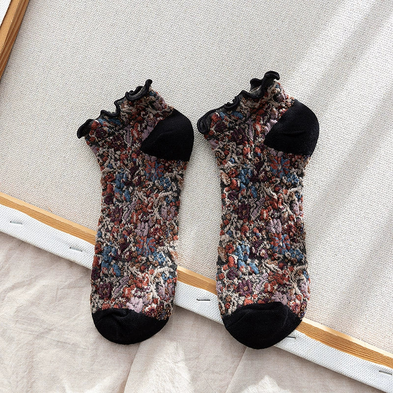 [5 Pairs] Short Lace Totem Ethnic Style Mori Style Spring and Summer Women's Pure All-Match Leather Shoes with Skirt