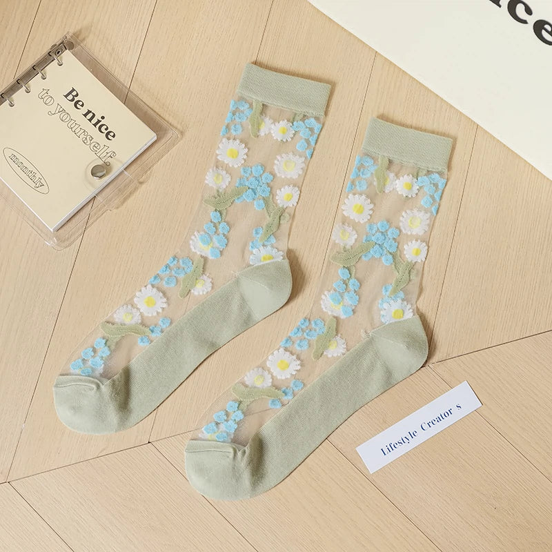 [4 Pairs] Summer Thin Kanekalon Tube Socks Flowers Bloom with Vitality