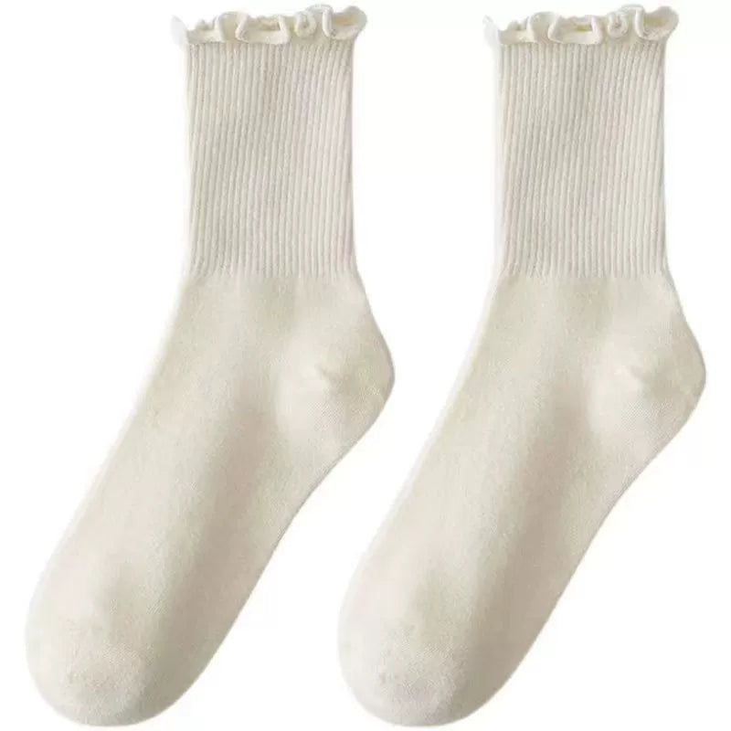 [2 Pairs] JK Black and White Striped Wooden Ear Cotton Spring and Summer Cotton Socks Lace Socks Versatile