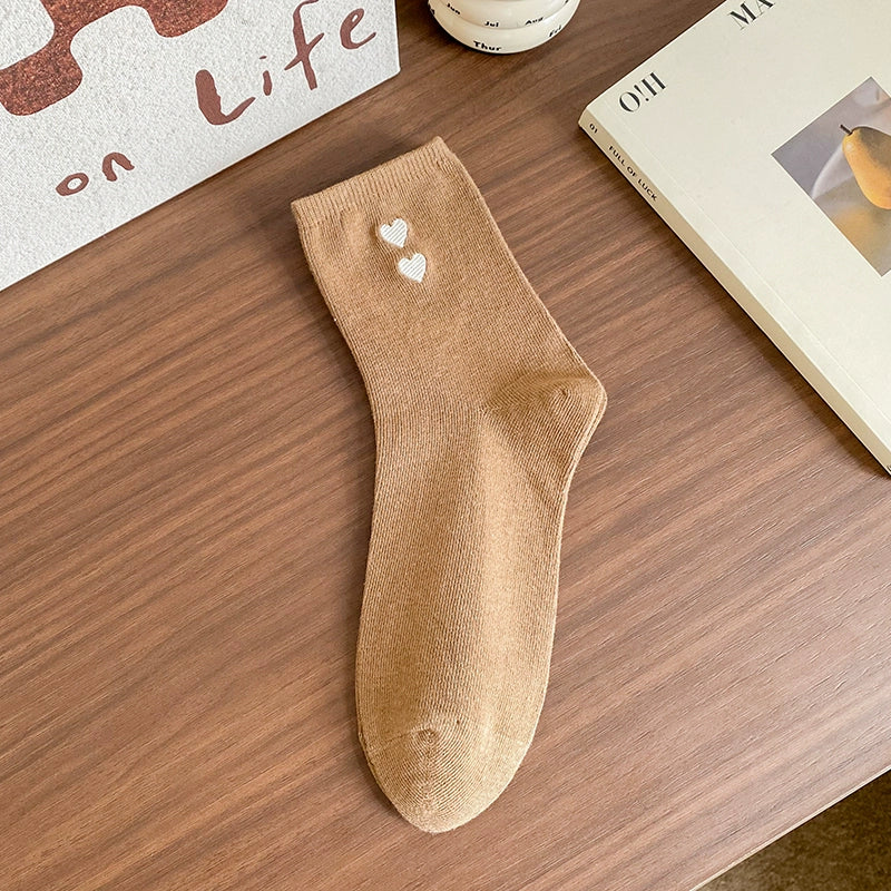 [6 Pairs] Embroidered Double Love Heart Simplicity Wear Spring Summer College Style Cute Goddess Socks