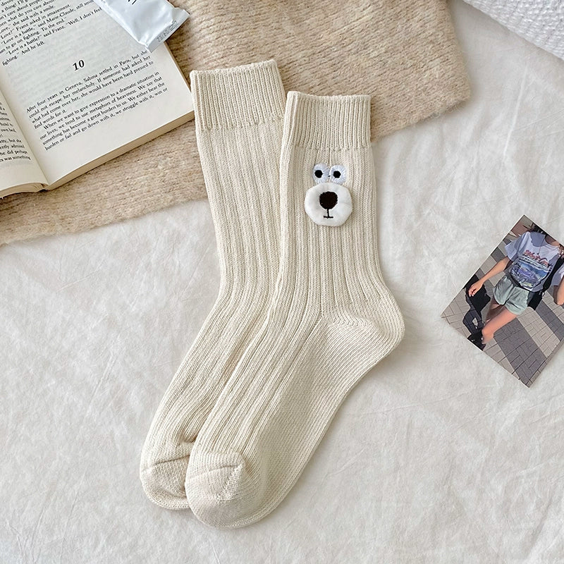 [5 Pairs] 3D Cartoon Bear Head Simple and Easy to Match College Style Kawaii