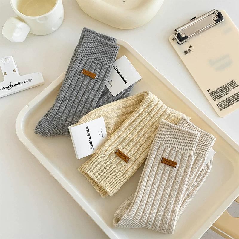 [5 Pairs] Spring and Summer Niche Leather Tag Mid-Calf Length College Style South Korea Trendy Wear