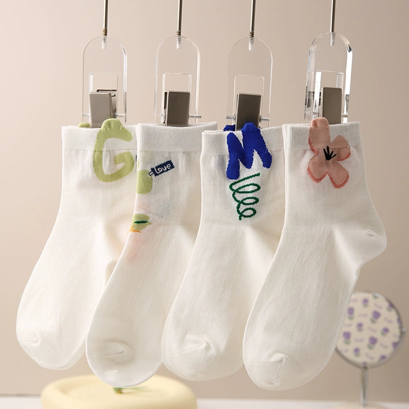 [4 Pairs] Spring and Summer Thin Combed Cotton Socks Mouth Japanese Fashion Letters Girlish Style Full