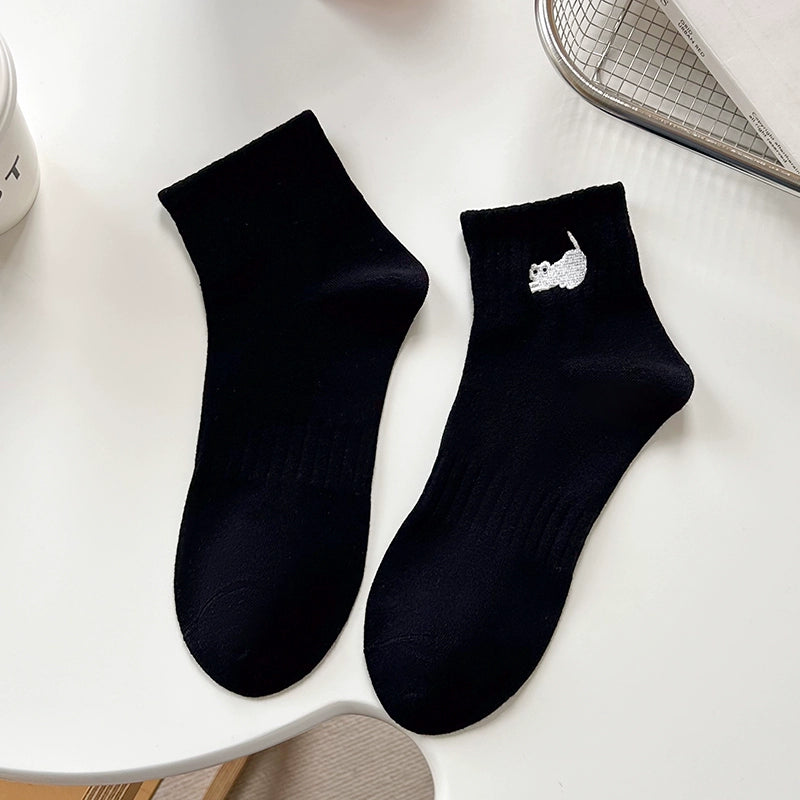 [5 Pairs] Pink Embroidered Cat Purified Cotton Short Tube Spring and Summer New Match Is Very Fresh and Natural