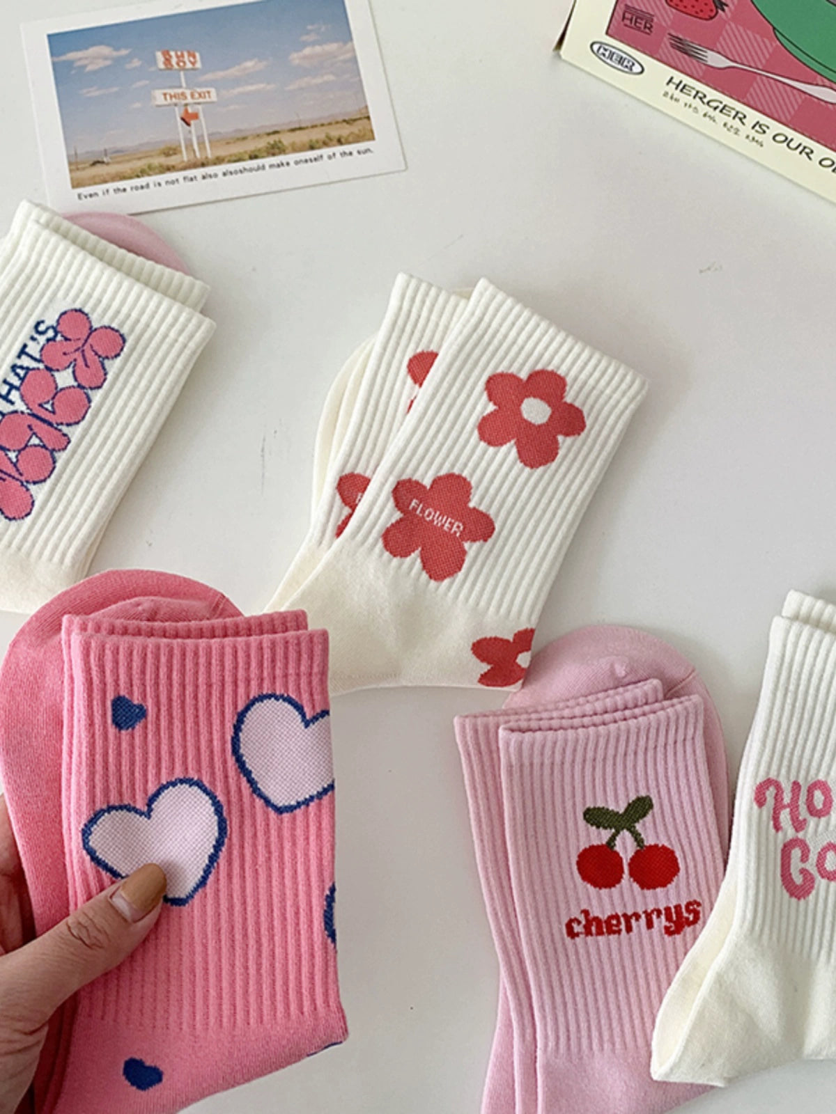 [5 Pairs] Fashion Sports Style Cherry Flower Spring Summer Mid-Calf Length Socks