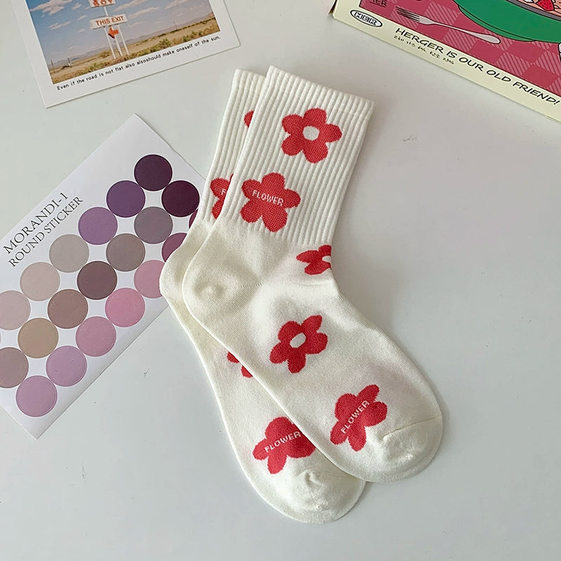 [5 Pairs] Fashion Sports Style Cherry Flower Spring Summer Mid-Calf Length Socks