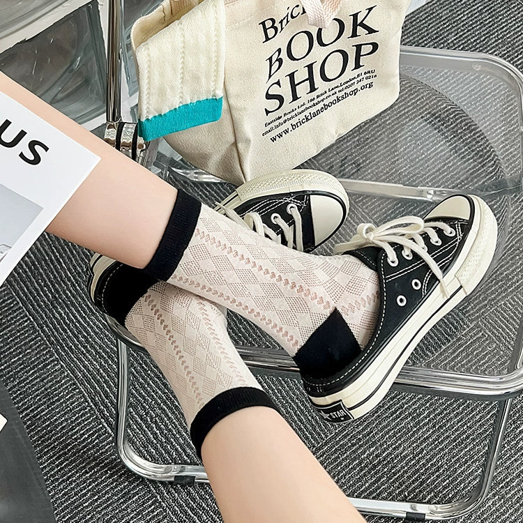[3 Pairs] Dopamine Summer Thin Hollow Diamond Contrast Color Female Mid-Calf Length and Breathable Mesh Comfortable Pure Cotton