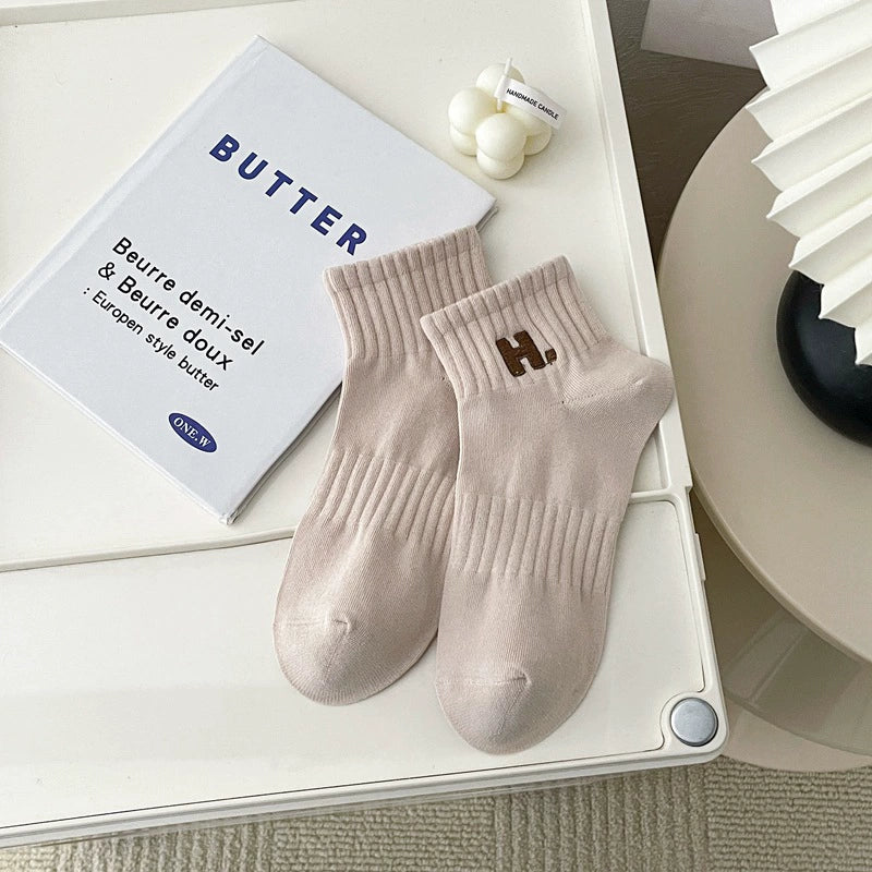 [2 Pairs] Embroidery H. Sports Shallow Mouth Short and Mid-Calf Length Women's Socks All-Match Beautiful Candy Color