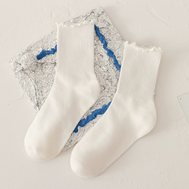 [2 Pairs] JK Black and White Striped Wooden Ear Cotton Spring and Summer Cotton Socks Lace Socks Versatile