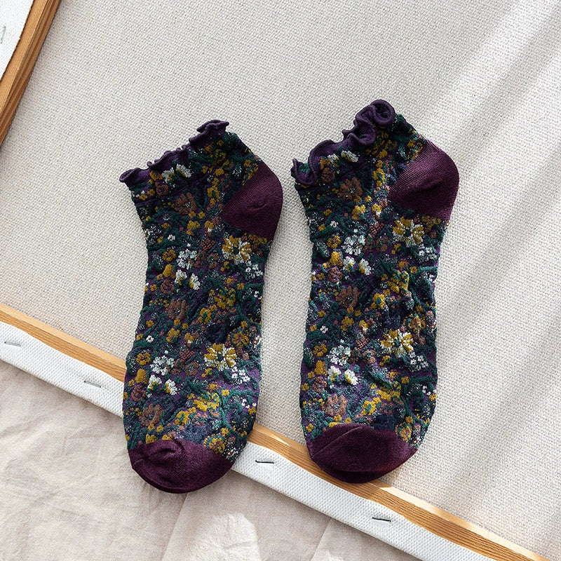 [5 Pairs] Short Lace Totem Ethnic Style Mori Style Spring and Summer Women's Pure All-Match Leather Shoes with Skirt