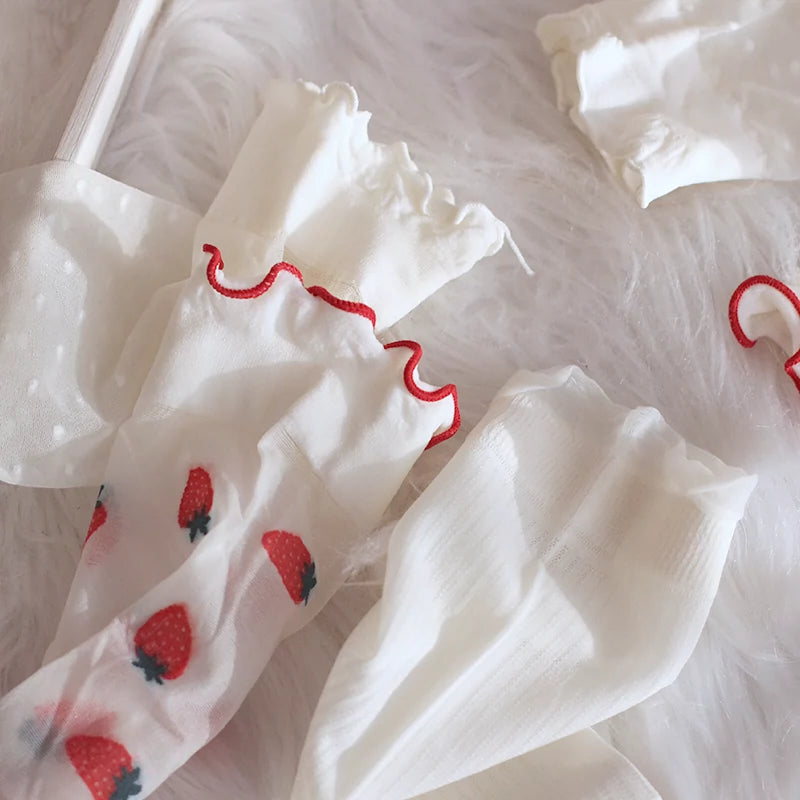 [3 Pairs] Lolita Style Summer Ultra-Thin Silk Fruit Dark Flower White Wear Lace Design