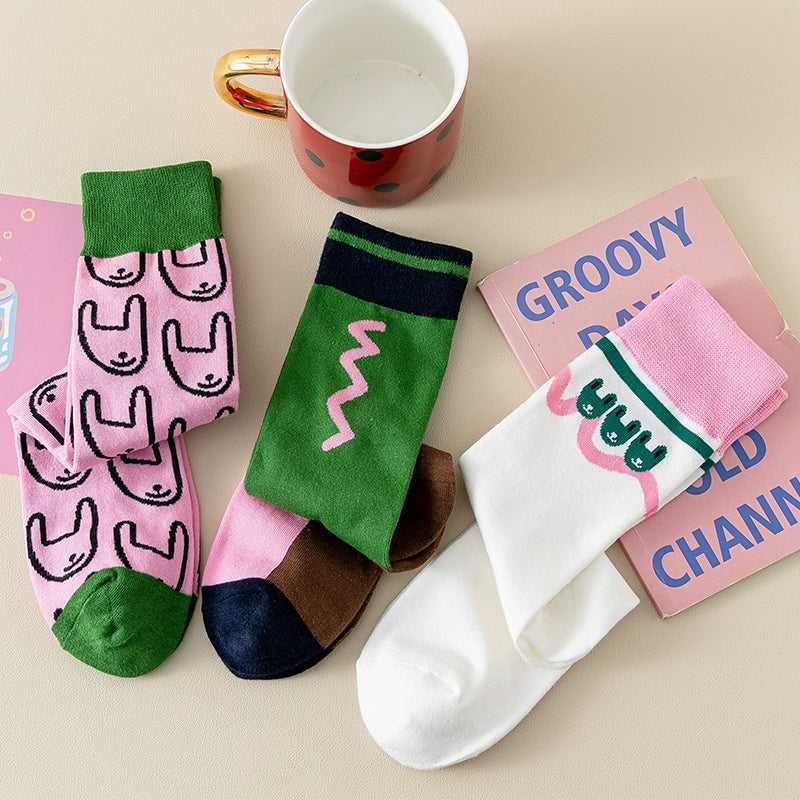 [3 Pairs] Xiaohongshu Personalized Fashion Match High-Profile Figure Rabbit Pink Female Mid-Calf