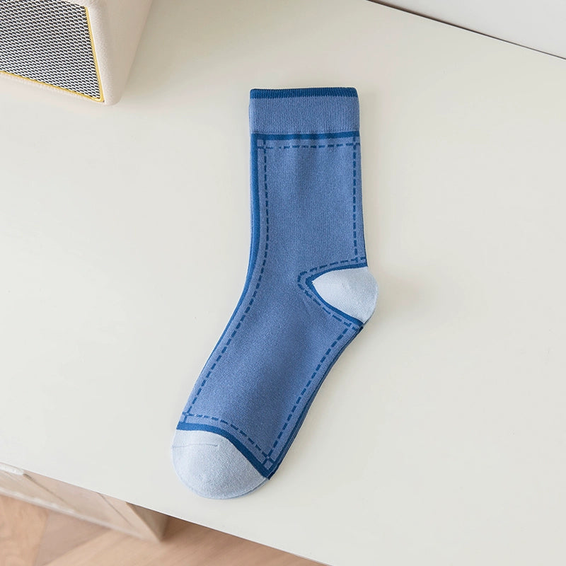 [5 Pairs] Pure Cotton Spring and Summer Color Virtual Pocket Picture Women's Thin Socks Looks Very Fashionable