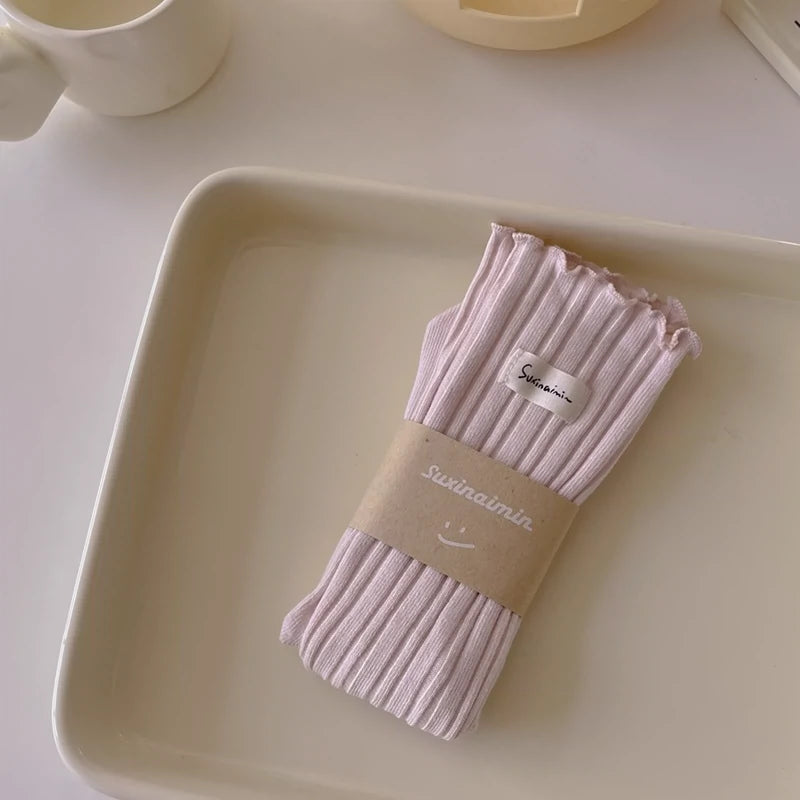 [2 Pairs] Spring and Summer Thin Wooden Ear Double Needle Pile Style Wear Cotton Trendy Mid-Calf