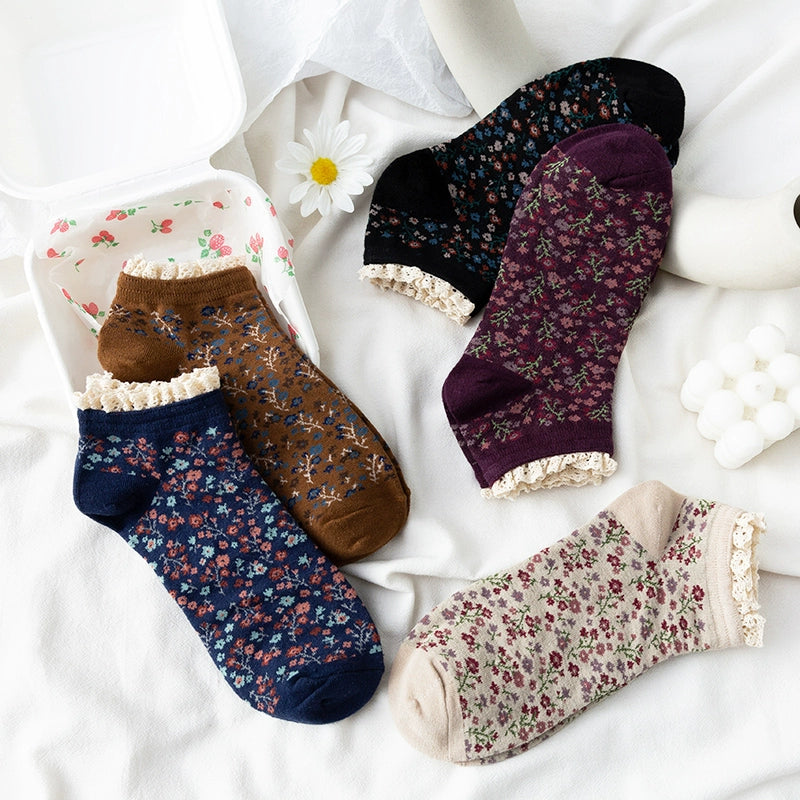 [2 Pairs] Pure Cotton Floral Lace Ethnic Style Versatile Short Spring and Summer Thin