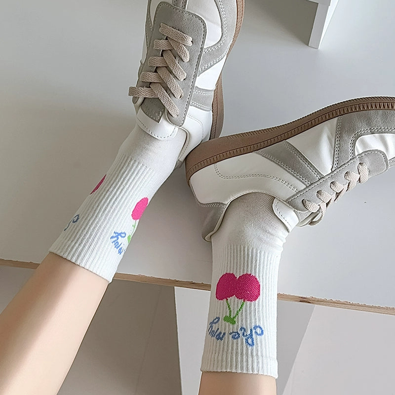 [4 Pairs] Spring and Summer Cute Cartoon White Preppy Style Rabbit Cherry Solid Color Wear