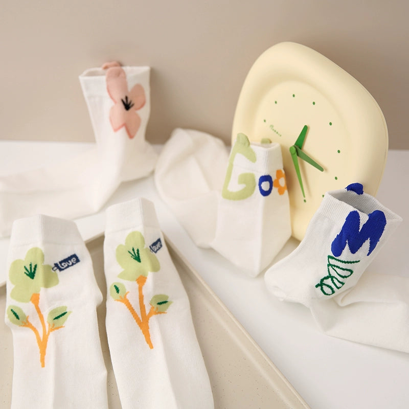 [4 Pairs] Spring and Summer Thin Combed Cotton Socks Mouth Japanese Fashion Letters Girlish Style Full