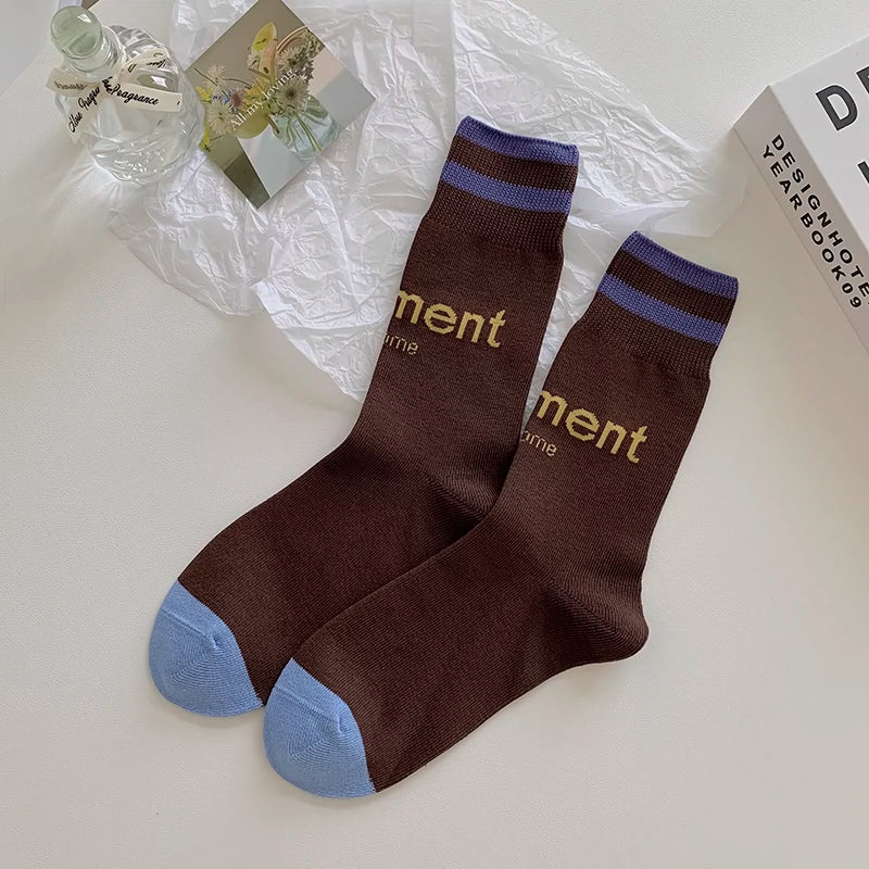 [6 Pairs] Spring and Summer Fashion Letters College Style Simple Pure Cotton Mid-Calf