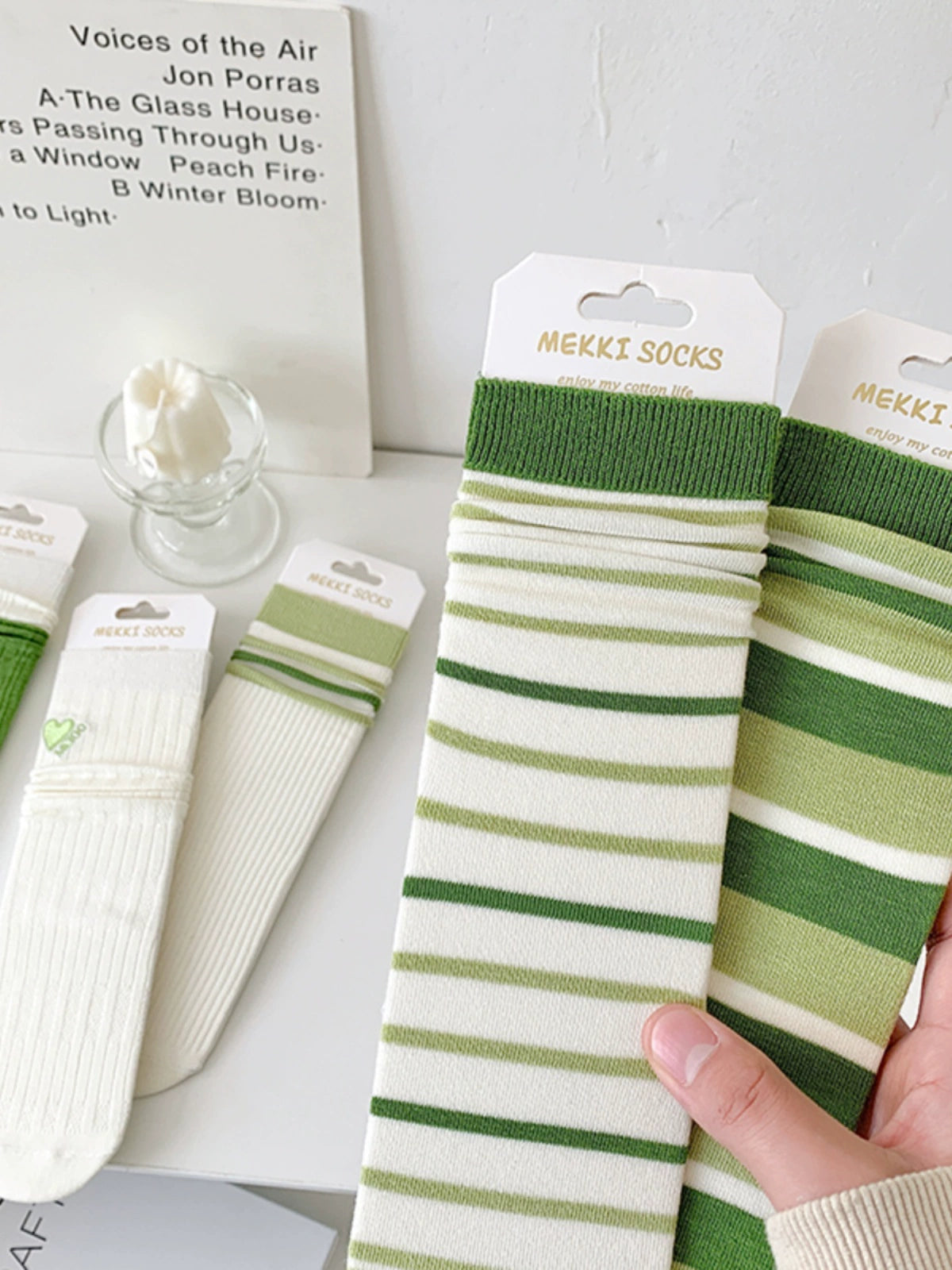 [5 Pairs] Thin Grass Green Series Stripe College Style Flat Sock