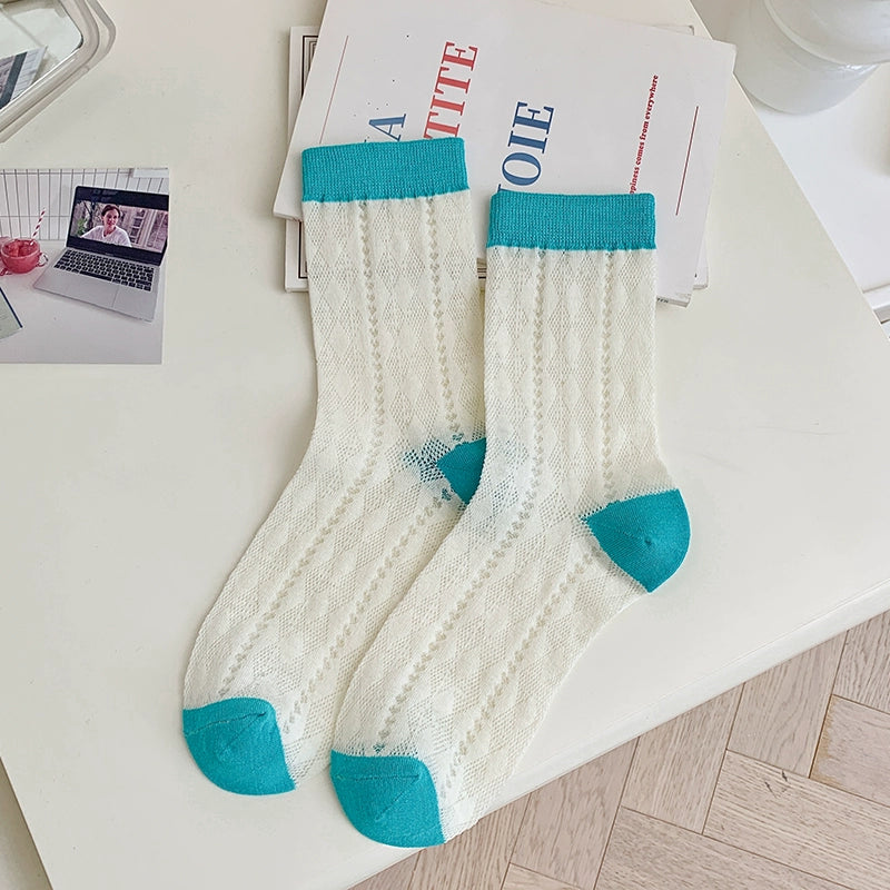 [3 Pairs] Dopamine Summer Thin Hollow Diamond Contrast Color Female Mid-Calf Length and Breathable Mesh Comfortable Pure Cotton