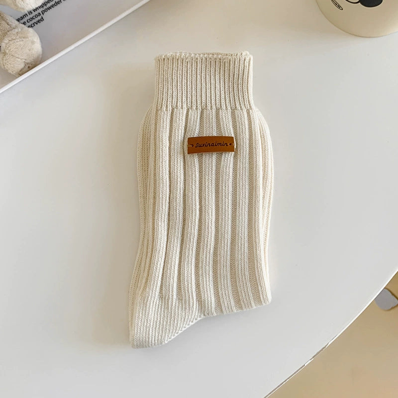 [5 Pairs] Spring and Summer Niche Leather Tag Mid-Calf Length College Style South Korea Trendy Wear